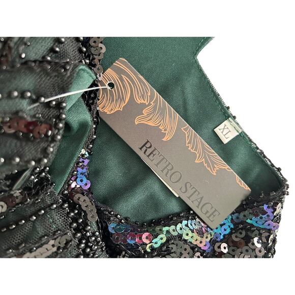 Retro Stage 1920s Fringe Flapper Beaded Sequins Black and Green Midi Dress -XL - Picture 3 of 9